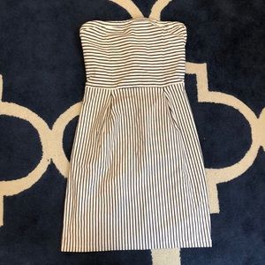 White and blue striped strapless dress